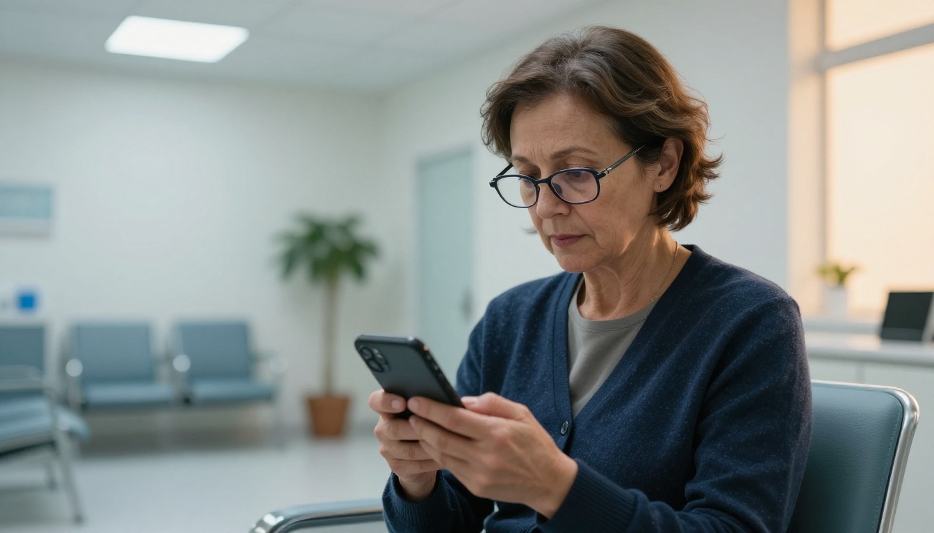 A woman in her fifties sitting in a bright doctor's waiting room, holding her phone up to photograph a prescription bottle, reading glasses on, pale blue chairs and potted plant in background