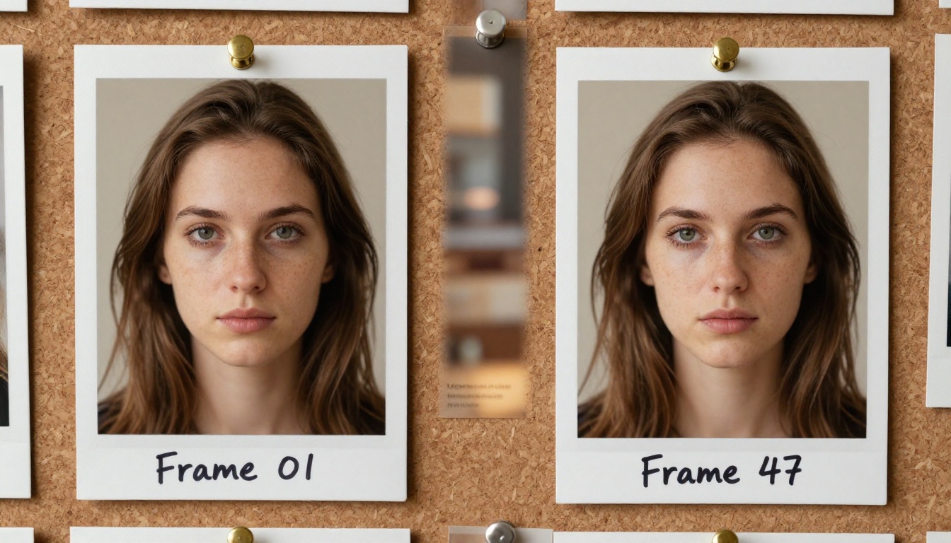 Two portrait photographs of the same woman showing consistent face across Frame 01 and Frame 47, pinned to a cork board