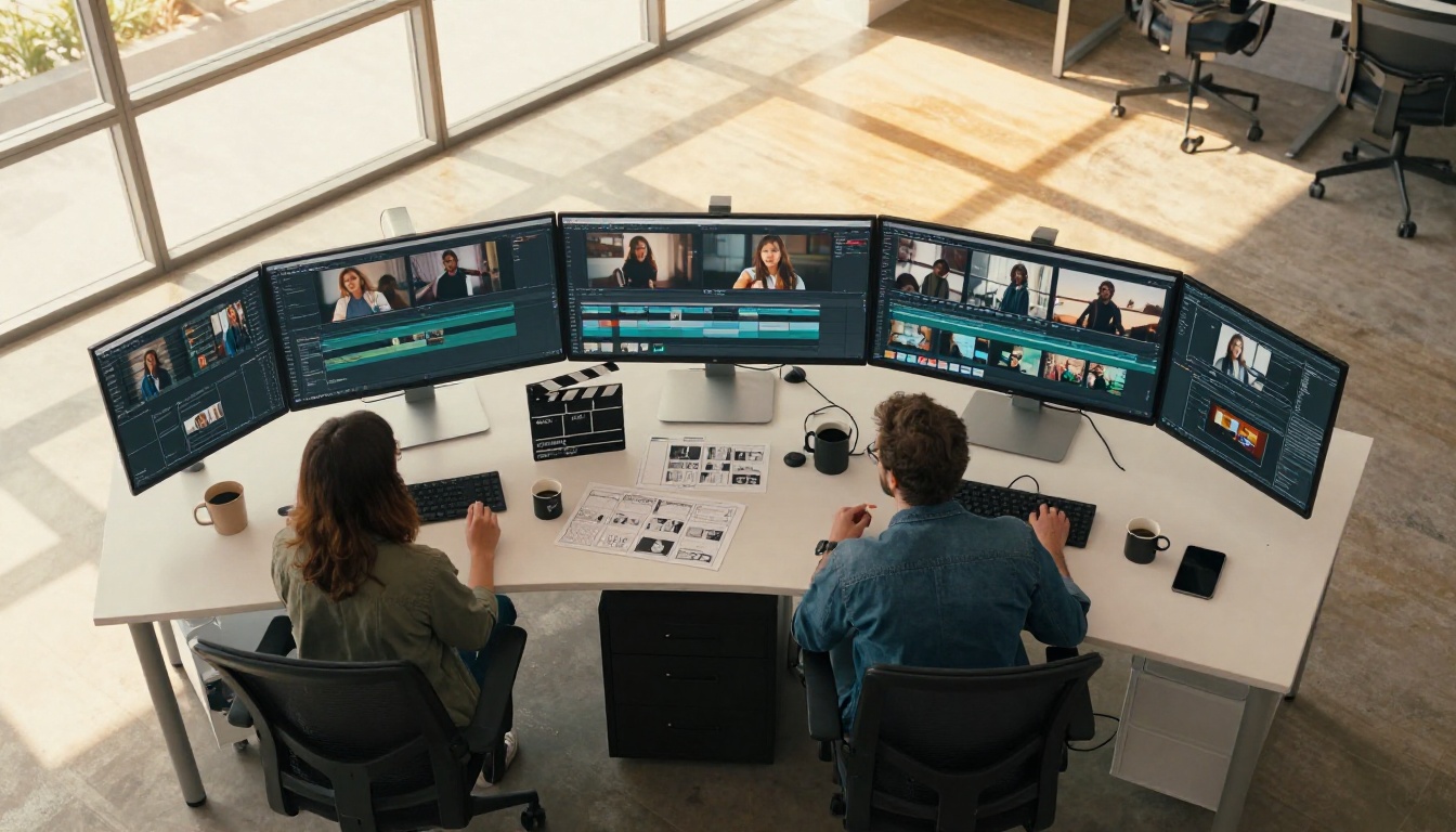 Aerial view of two people collaborating at a modern workspace with video character frames on large curved monitors