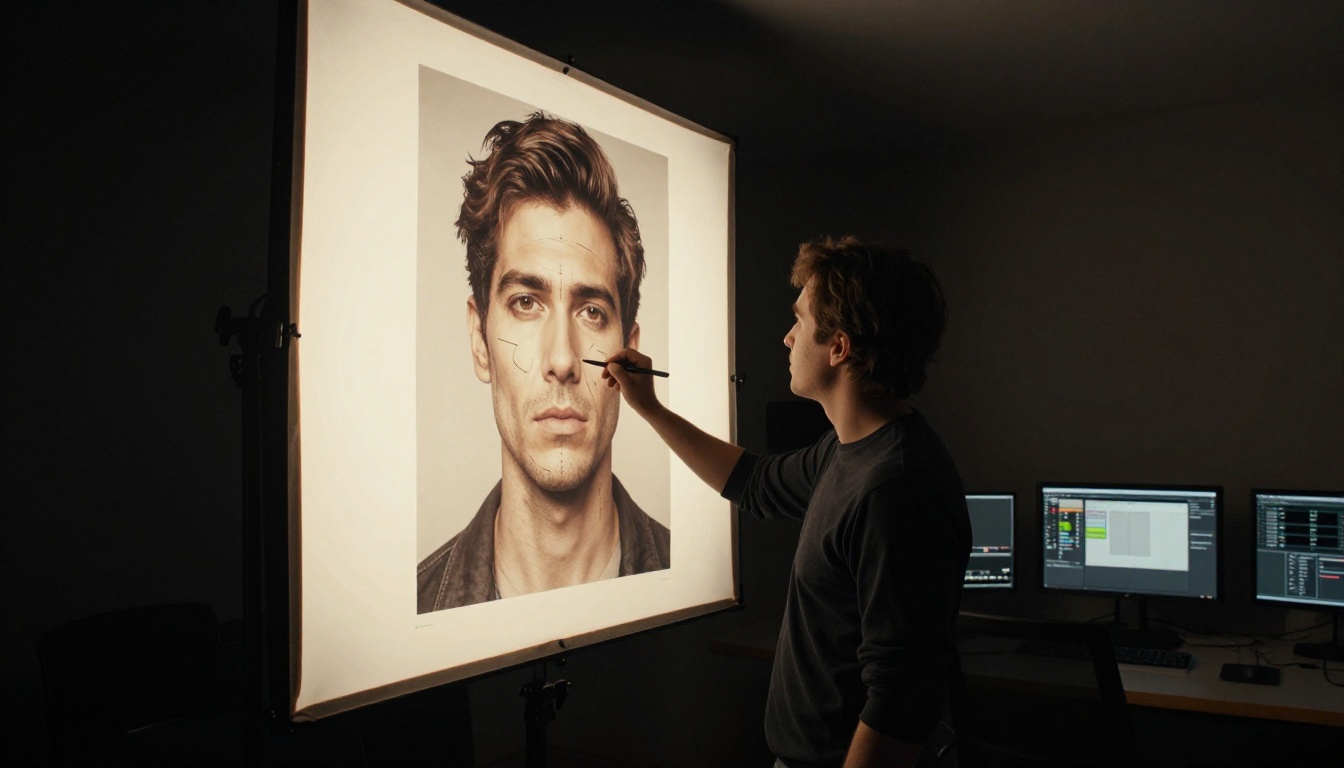 Filmmaker using a stylus to annotate facial landmarks on a large reference portrait displayed on a light box