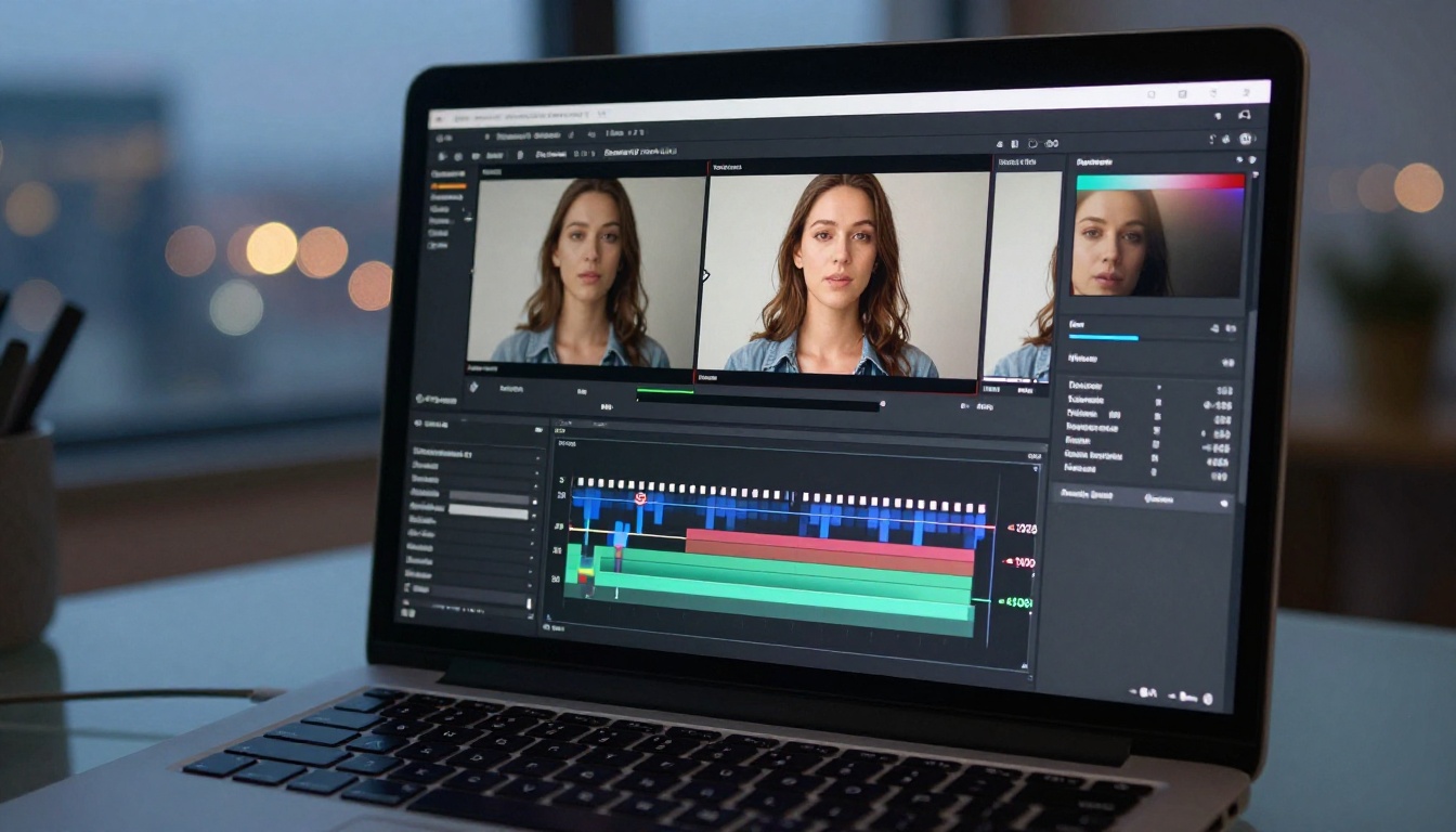 Close-up of a laptop screen showing consistent face frames in an AI video editing timeline, city bokeh visible through the window