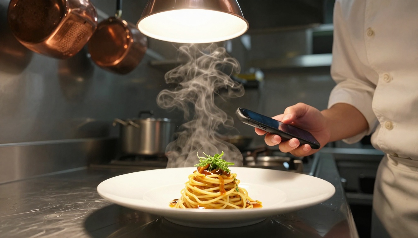A chef in a professional kitchen holding their phone up to photograph a plated golden pasta dish with herbs, stainless steel surfaces and copper pots in background, warm overhead tungsten lighting