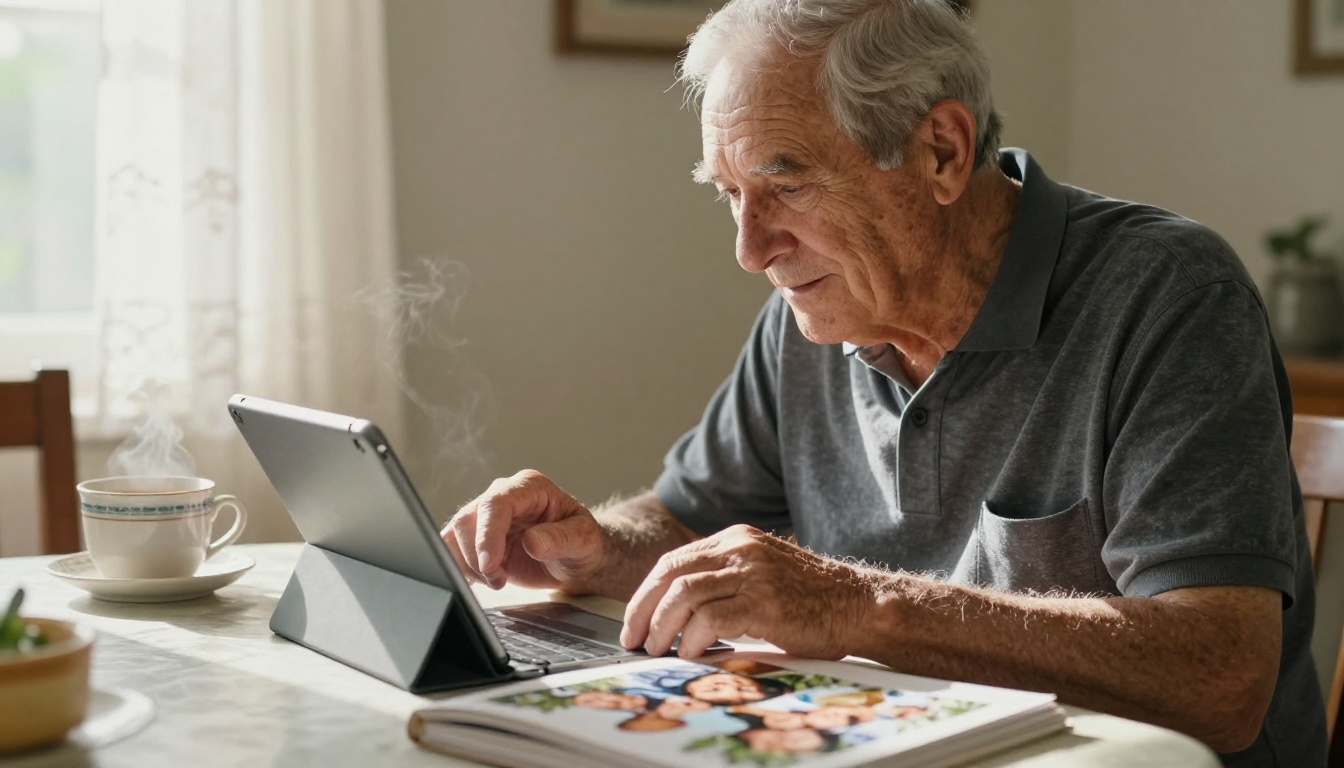 A senior man in his seventies seated at a sunny dining room table speaking to a tablet propped up, a photo album open beside him, a steaming tea cup nearby, warm late morning window light