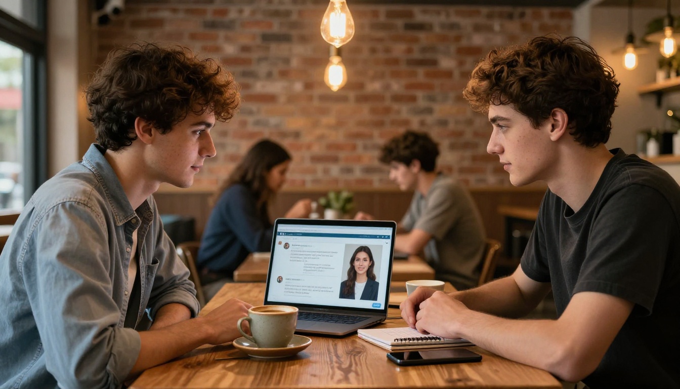 Two young professionals at a cafe table looking at a laptop screen showing an AI chat interface with text and an embedded image, warm Edison bulb lighting and exposed brick wall in background