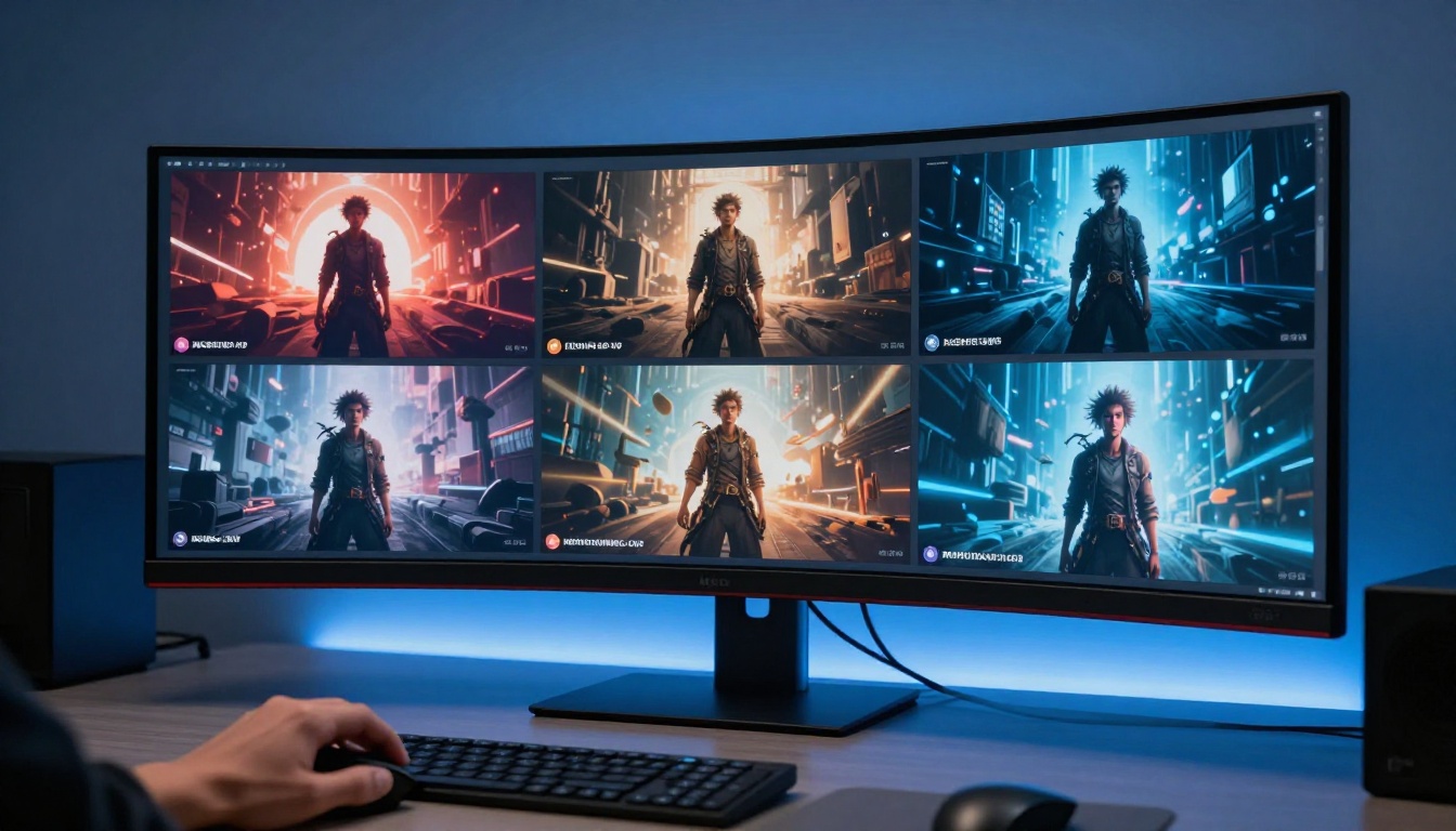 AI-generated video thumbnails displayed on a studio monitor