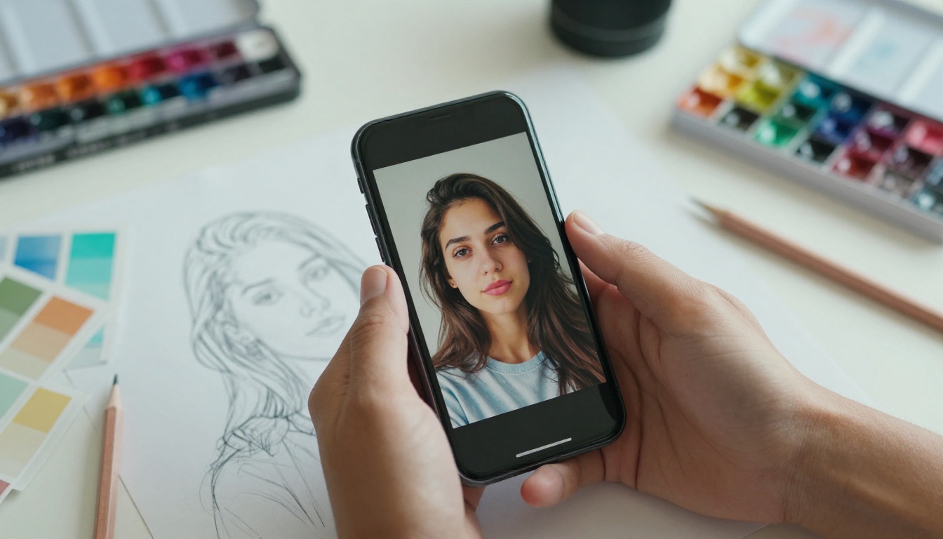 Aerial close-up of hands holding a smartphone showing an AI-generated portrait on screen, surrounded by sketches, color swatches, and a watercolor palette on a creative workspace desk