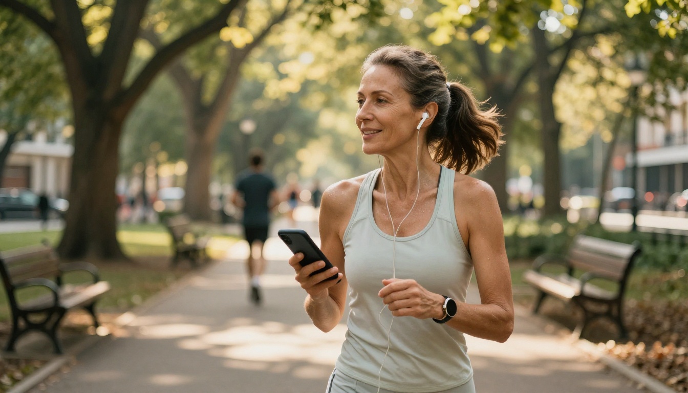 A woman in workout clothes walking in a city park, smiling while speaking into her phone, dappled morning light filtering through tree branches