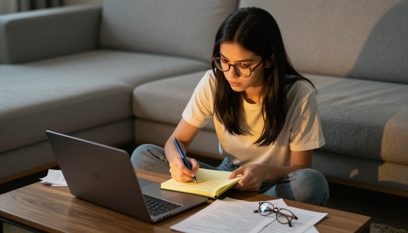 Woman writing a video script on a legal pad at a creative workspace