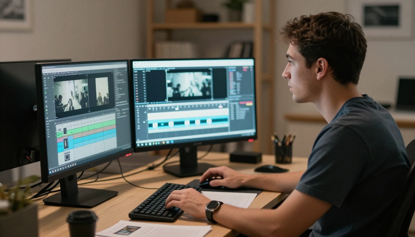 Professional video editor reviewing AI-generated clips at a dual monitor workstation