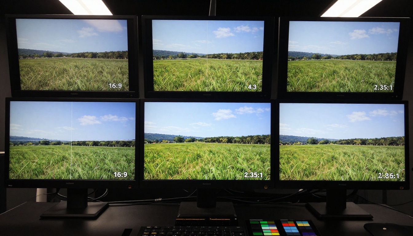 Three broadcast monitors side by side showing different aspect ratios
