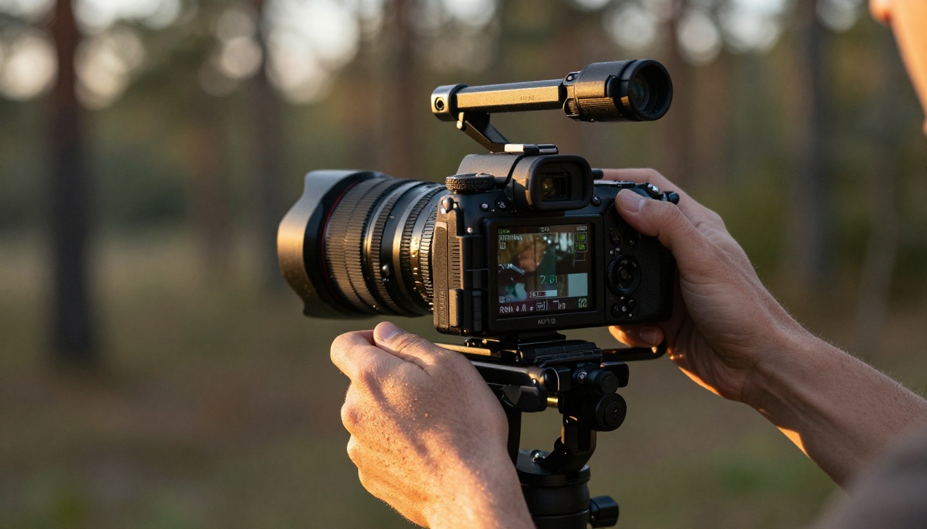 Filmmaker's hands adjusting cinema camera resolution settings at golden hour