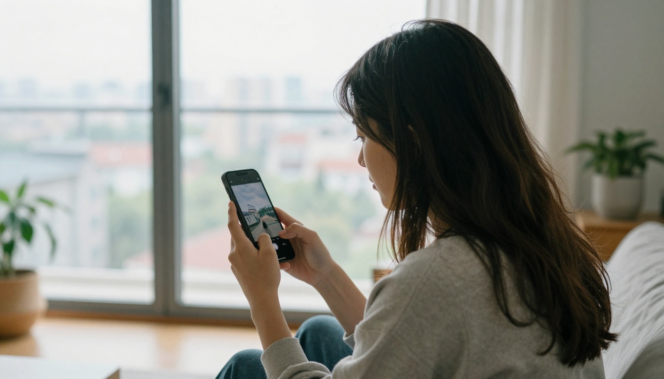 Woman rotating smartphone from horizontal to vertical orientation in bright apartment