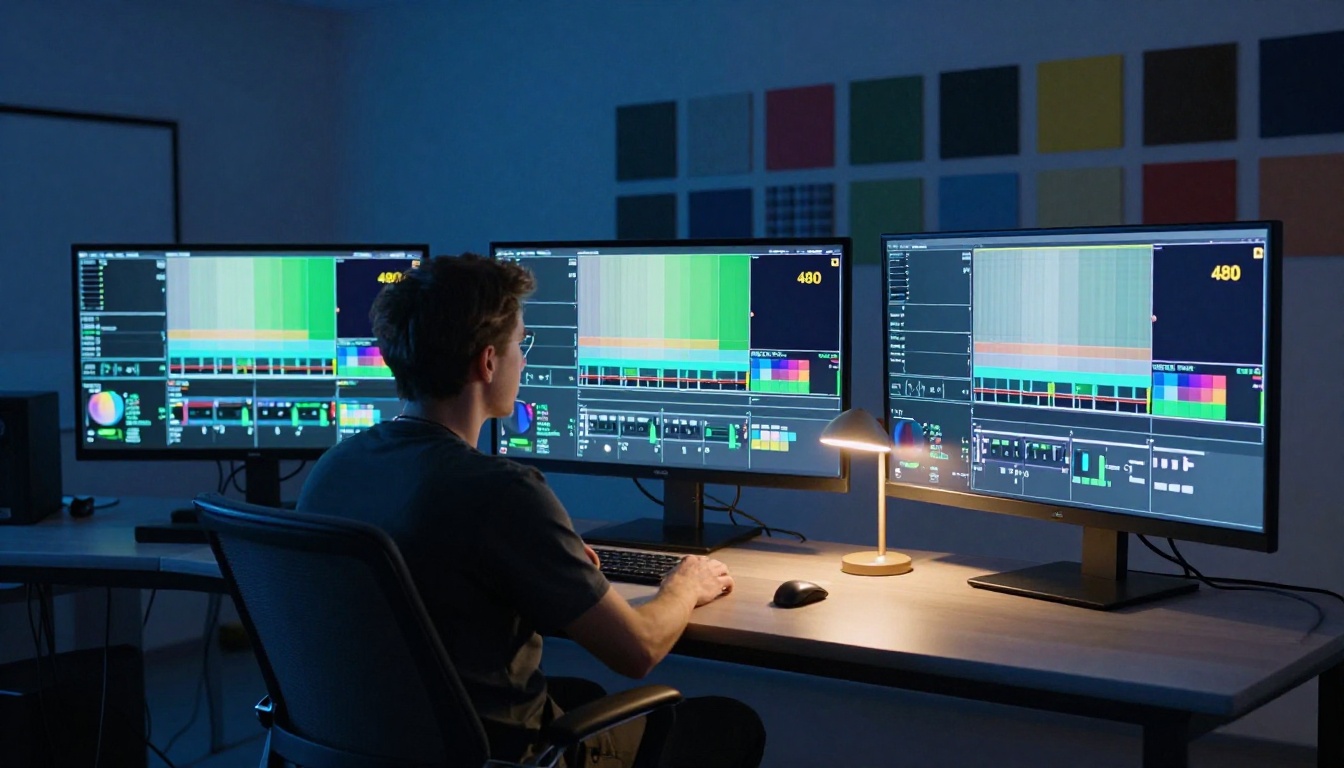 Post-production color grading suite with widescreen reference monitors