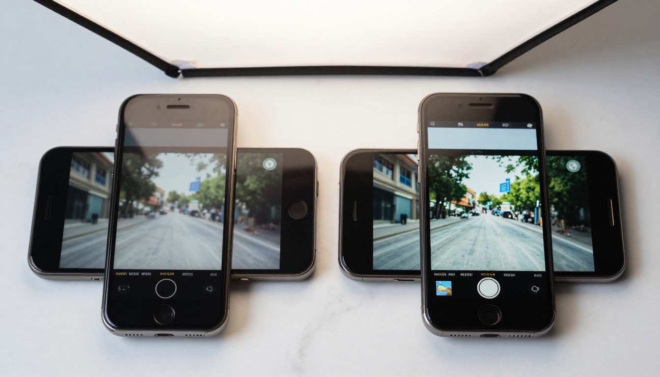 Two smartphones on marble surface comparing 480p versus 1080p video quality