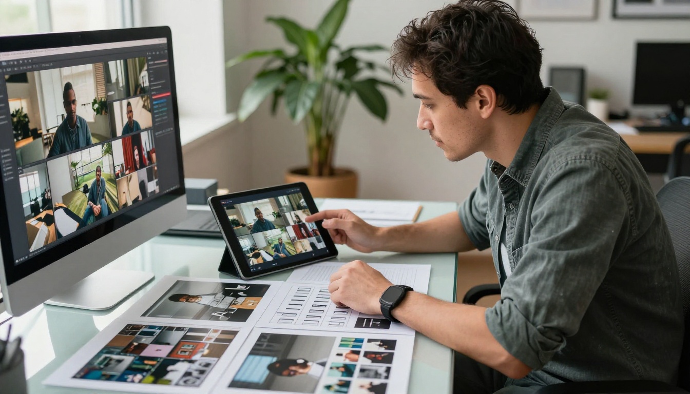 Creative director reviewing video format mockups on a tablet in modern office