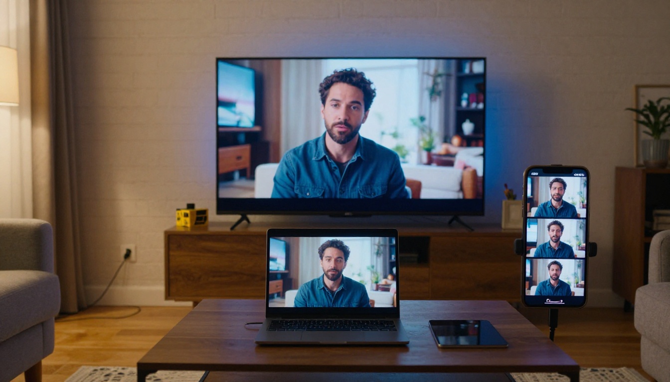 Same video content playing across TV, laptop, and smartphone in a warm living room