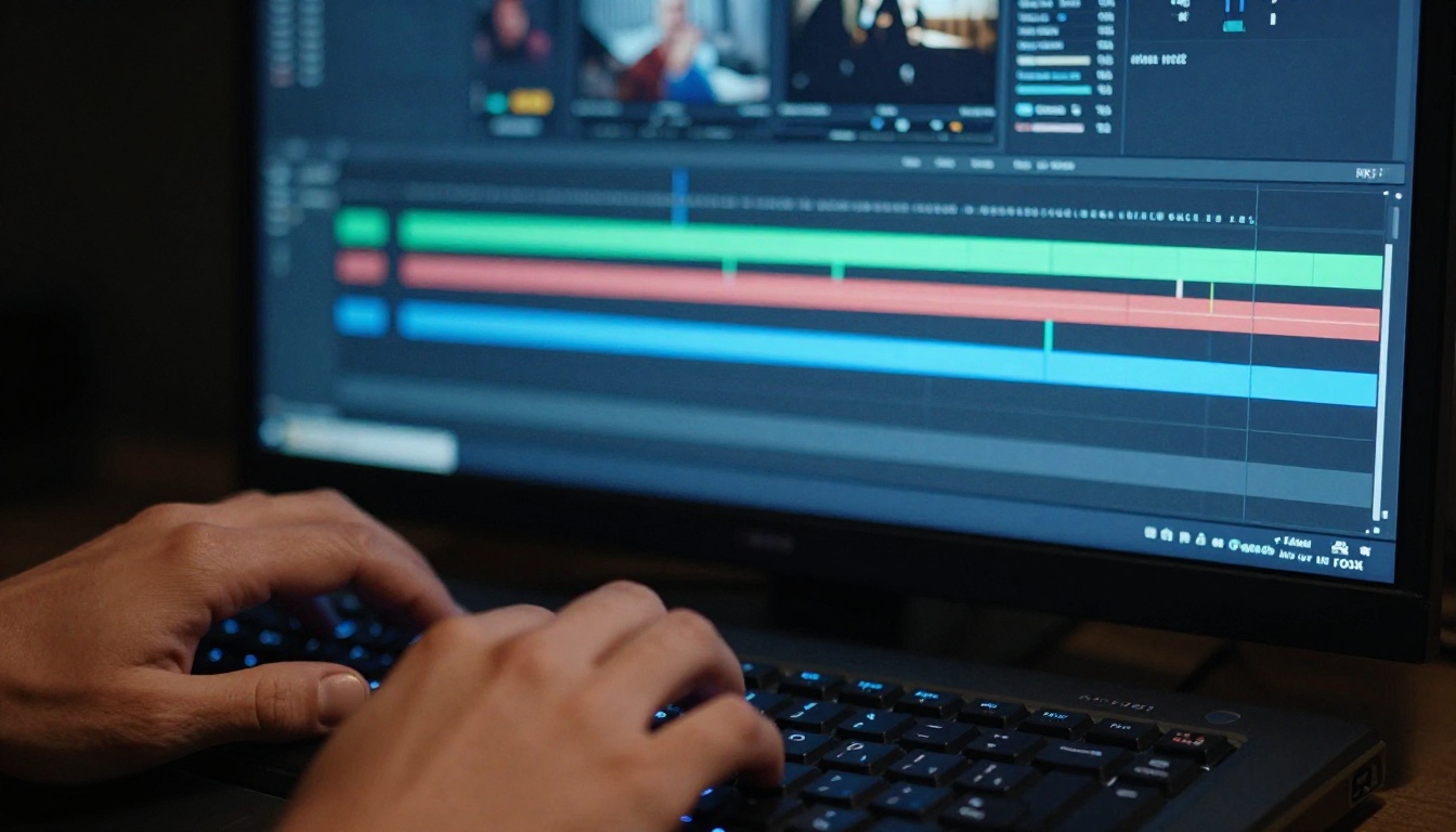 Professional video editor's hands at keyboard with timeline visible on monitor