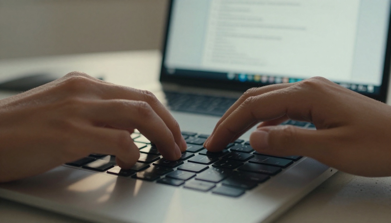 Close-up of hands typing on a mechanical keyboard with a glowing laptop screen in the background showing a structured document