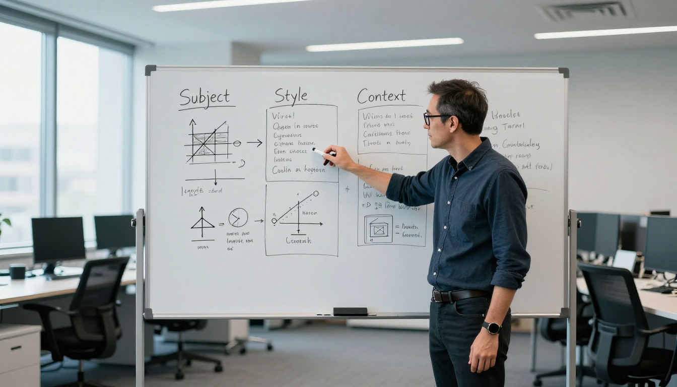 A creative director standing at a whiteboard with structured notes labeled Subject, Style, and Context in a modern office studio