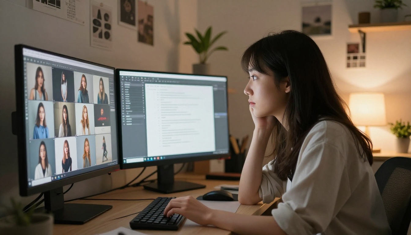 A graphic designer studying AI-generated image results on dual monitors in a softly lit creative studio