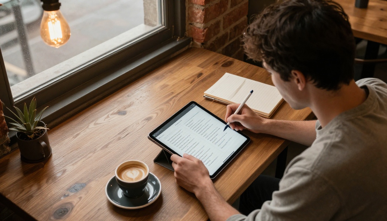 A man writing structured notes on an iPad Pro at a wooden cafe table with warm Edison bulb lighting and exposed brick walls