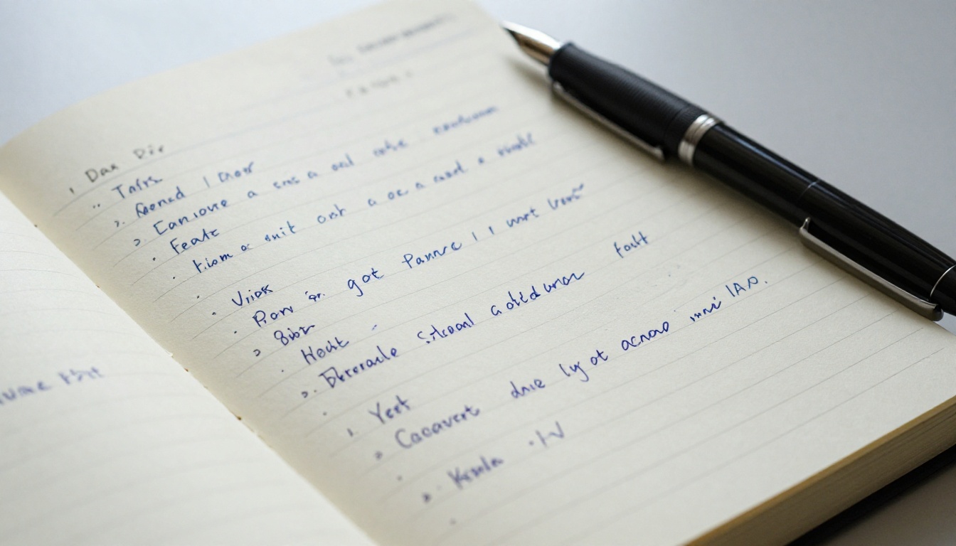 Intimate close-up of an open Moleskine notebook with handwritten organized notes and a Lamy fountain pen resting on the pages