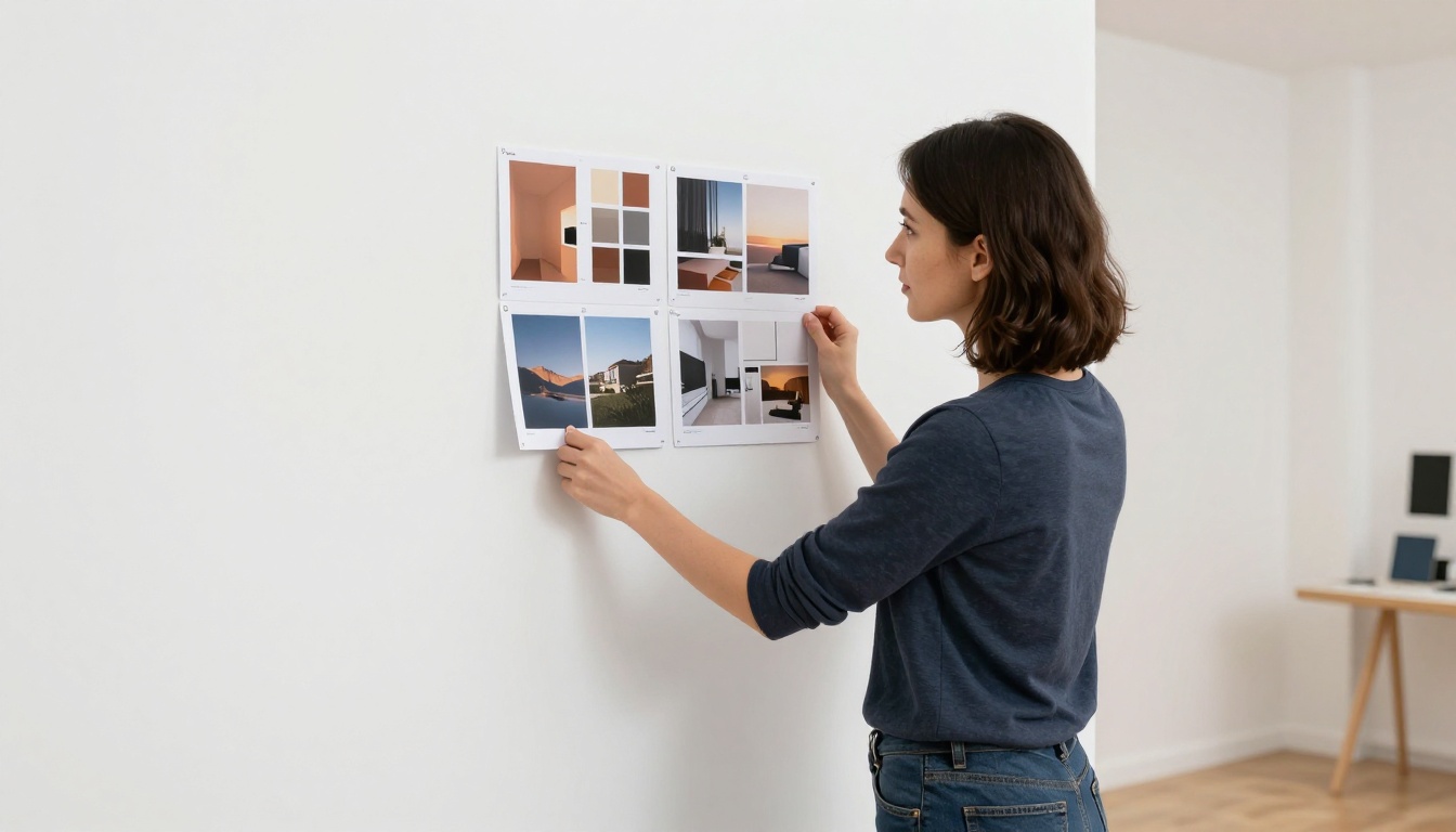 An art director comparing two printed A3 mood boards side by side in a minimalist studio with bright natural north-facing light