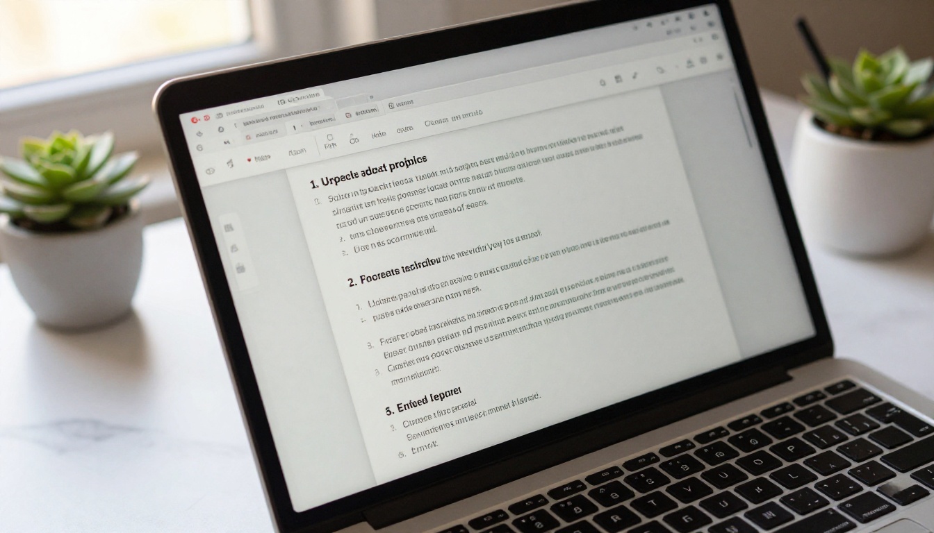 A well-organized document with clear headings and structured steps on a laptop screen placed on a white marble desk in natural light