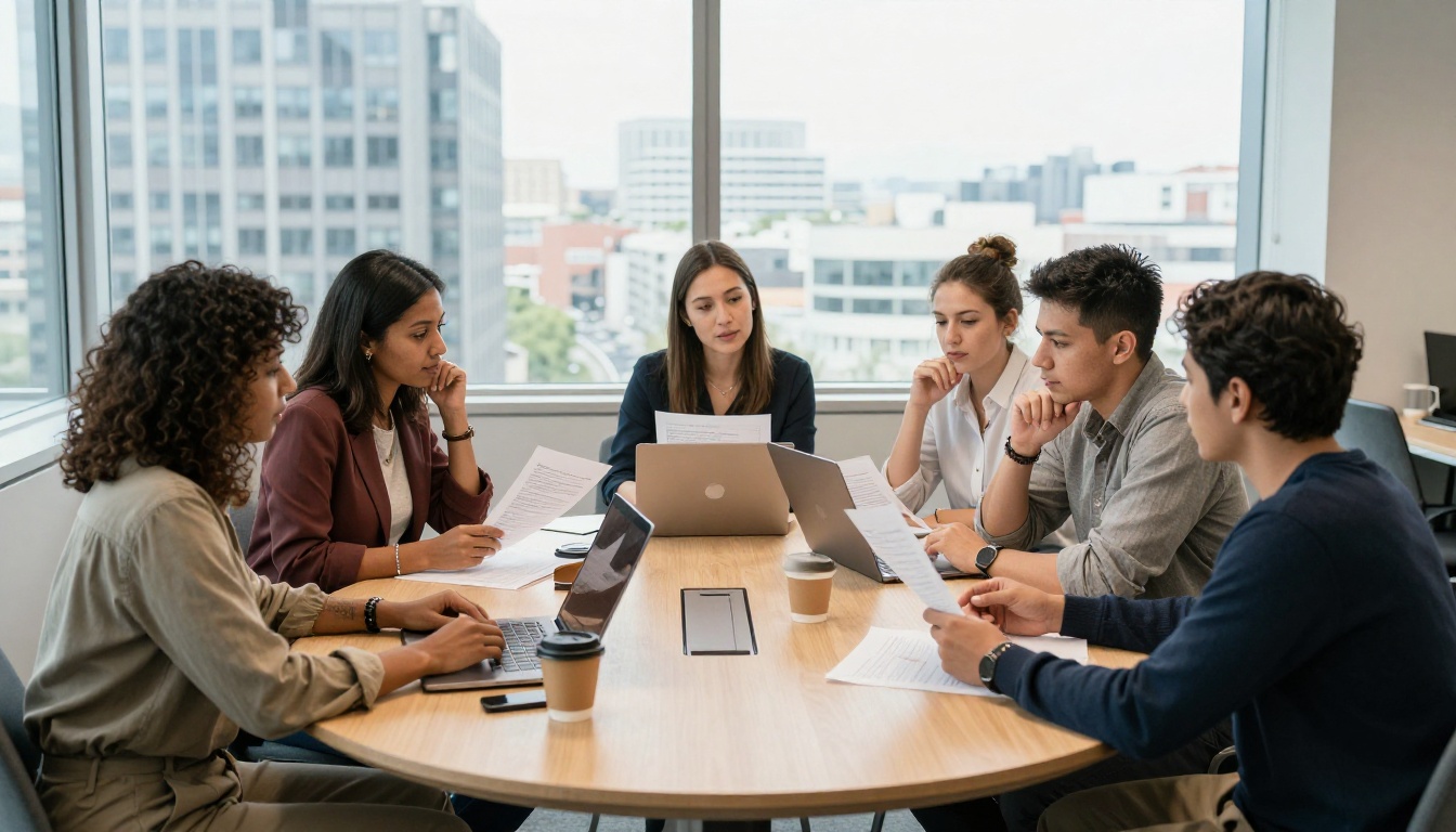 A diverse team of three professionals discussing printed brief documents spread across a conference table in a modern open-plan office