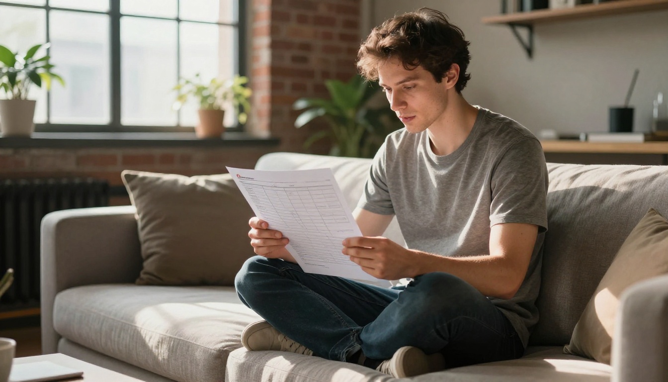 A UX designer on a modern sofa studying a printed template with clearly labeled sections in a bright loft apartment with brick walls