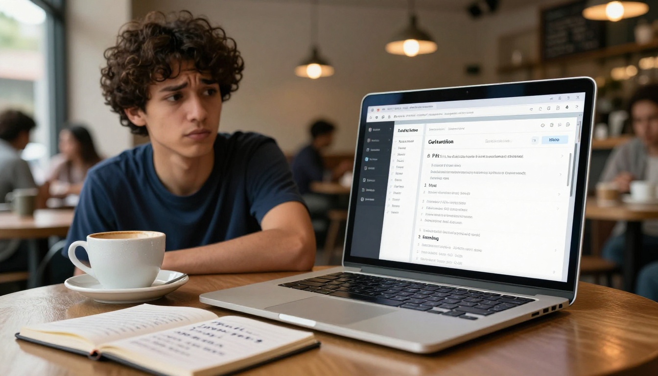 A creator sitting at a coffee shop with multiple AI subscription pricing pages open on a MacBook, looking stressed at a handwritten monthly subscription list