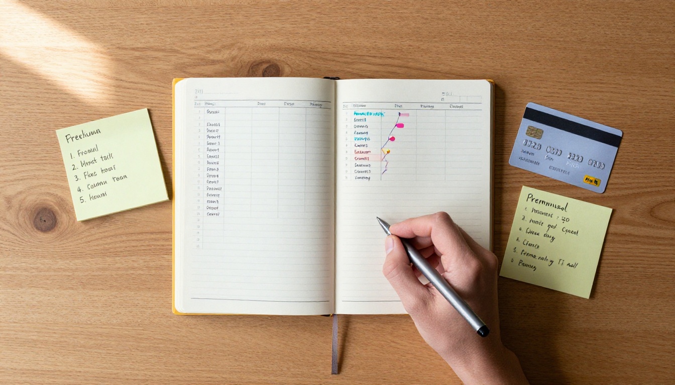 Flat lay aerial of desk showing free vs paid tier sticky notes side by side with a financial planning notebook open between them
