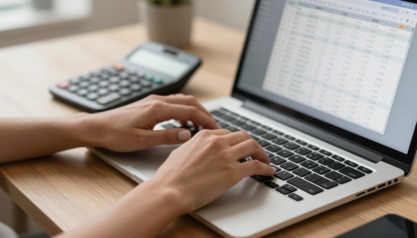 Close-up of female creator's hands typing on laptop with a budget spreadsheet on screen, physical calculator beside the keyboard