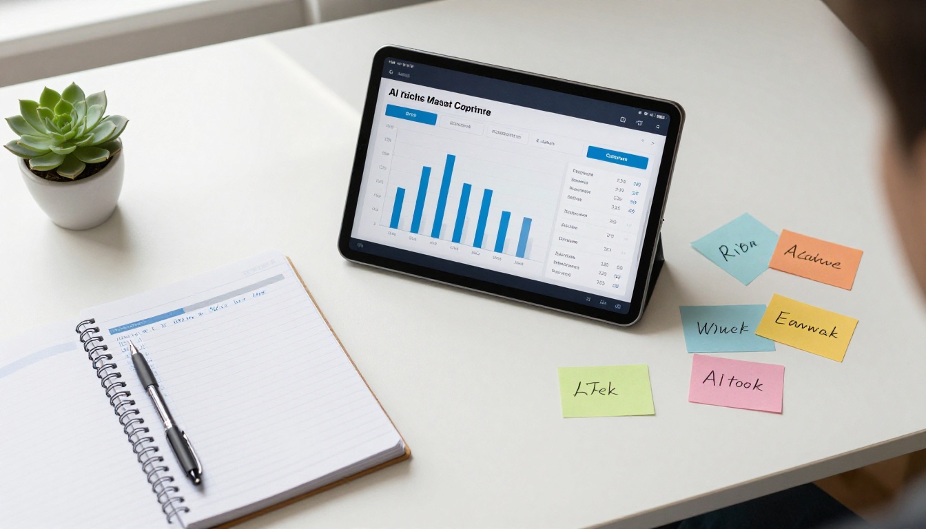 Overhead aerial of a creator's organized desk with a tablet showing AI usage metrics, surrounded by color-coded index cards and a notebook with usage notes