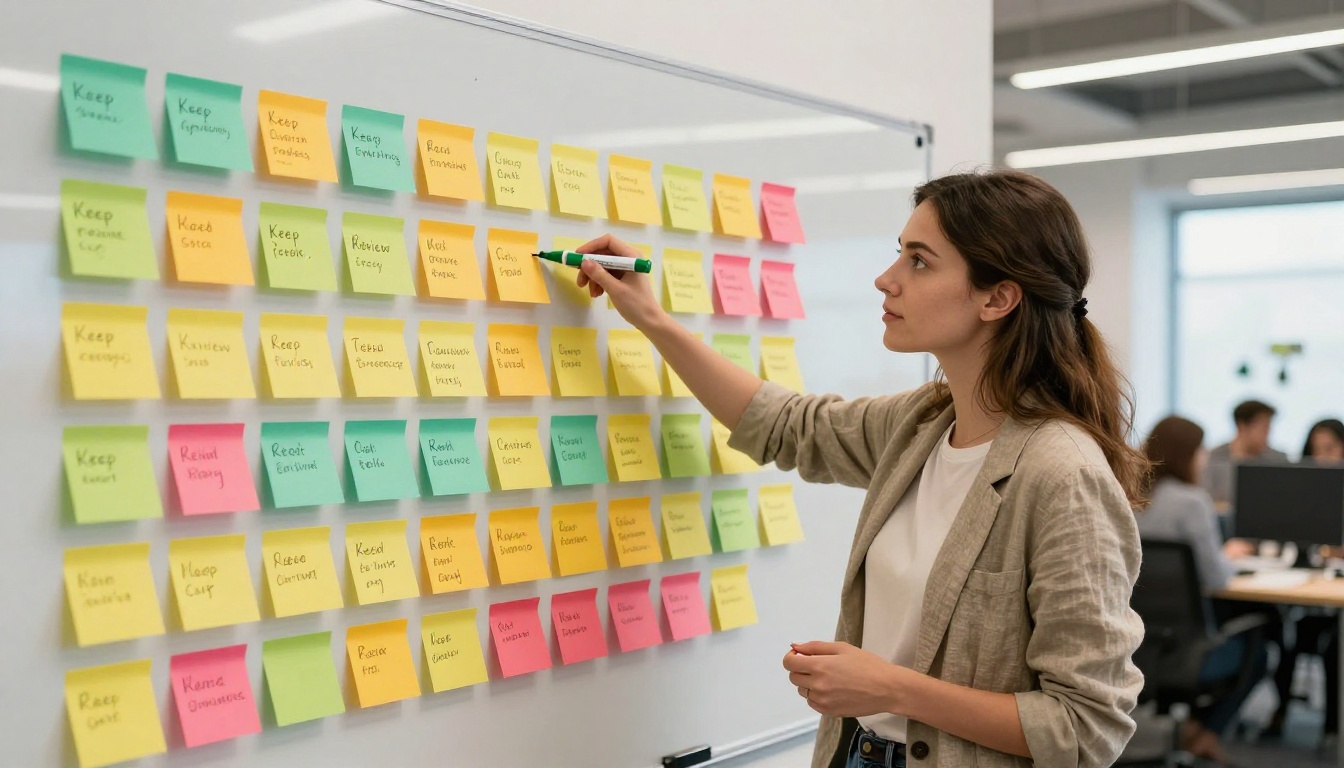 A female creator standing beside a large whiteboard covered in color-coded sticky notes evaluating AI tools by ROI priority