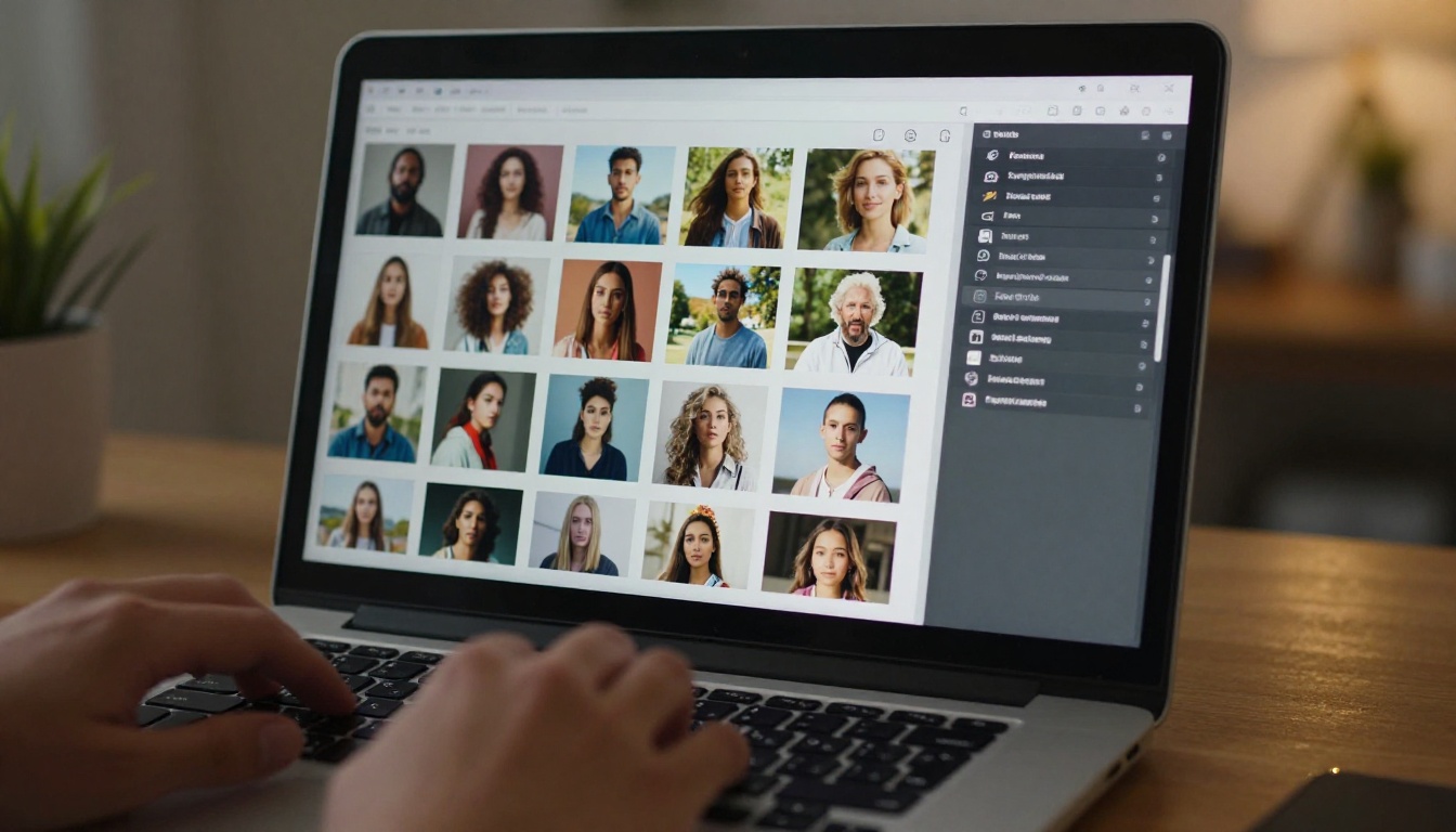 Close-up of a laptop screen displaying an AI image generation platform with a grid of photorealistic generated photos, creator's hands on keyboard below