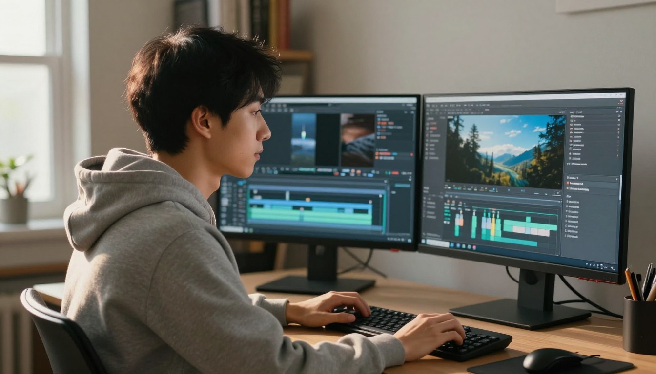 A male content creator with dual monitor setup showing video editing timeline and AI workflow dashboard, calm and focused in warm afternoon light