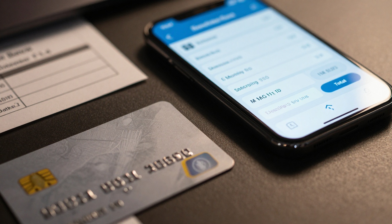 Close-up of a credit card and smartphone subscription management app showing monthly AI tool costs against a dark matte desk surface with warm directional lamp light