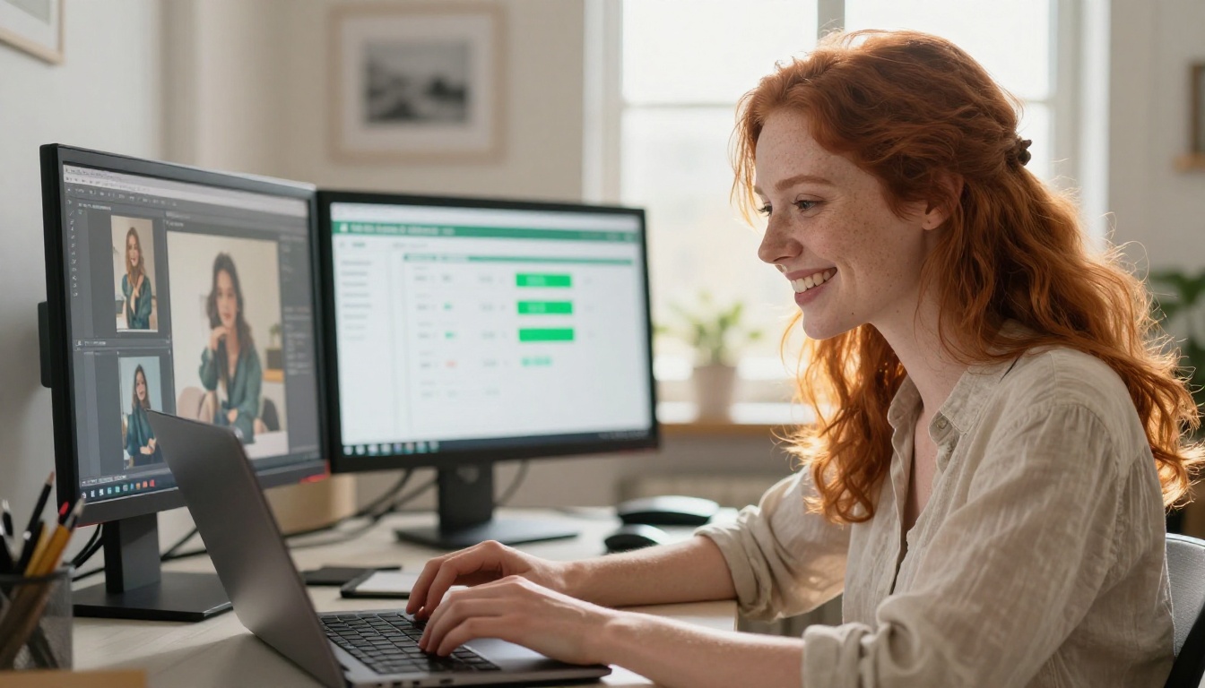 A happy female creator with red hair in a loose ponytail smiling at her laptop showing completed AI image projects, budget dashboard on second monitor showing costs within cap