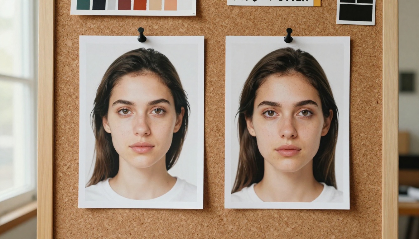 Two printed photos pinned to a cork board showing the same described person with different faces