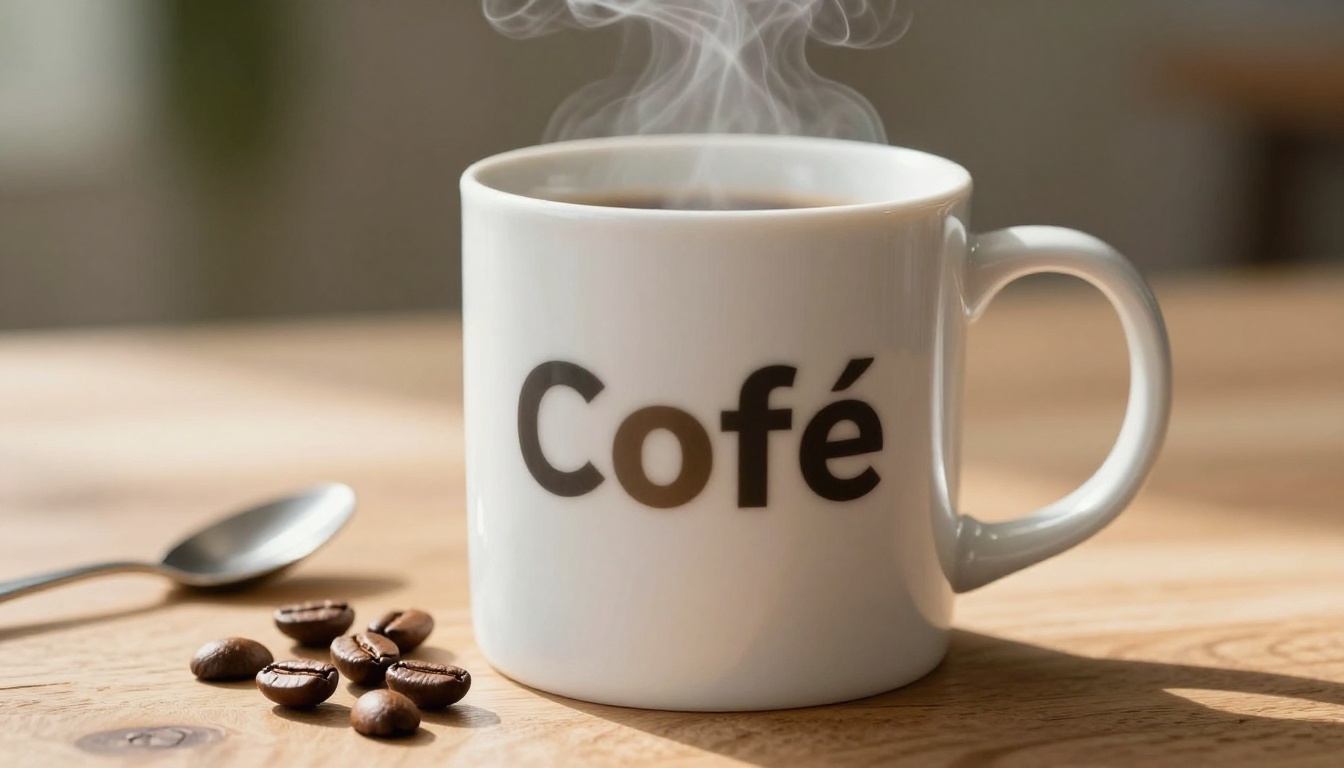 White product mug with distorted blurred brand typography