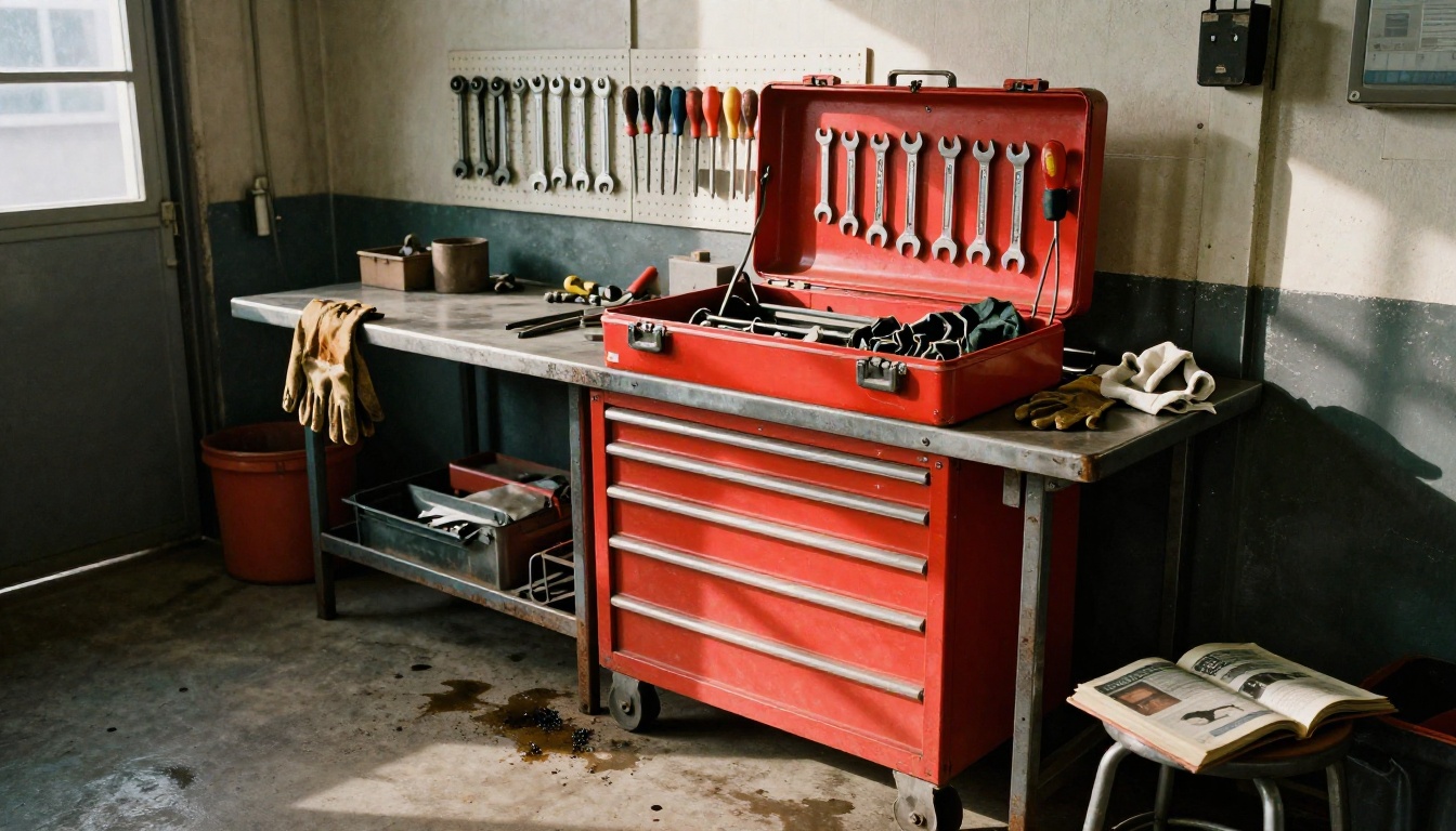 Vintage red toolbox on a mechanic workshop bench with tools