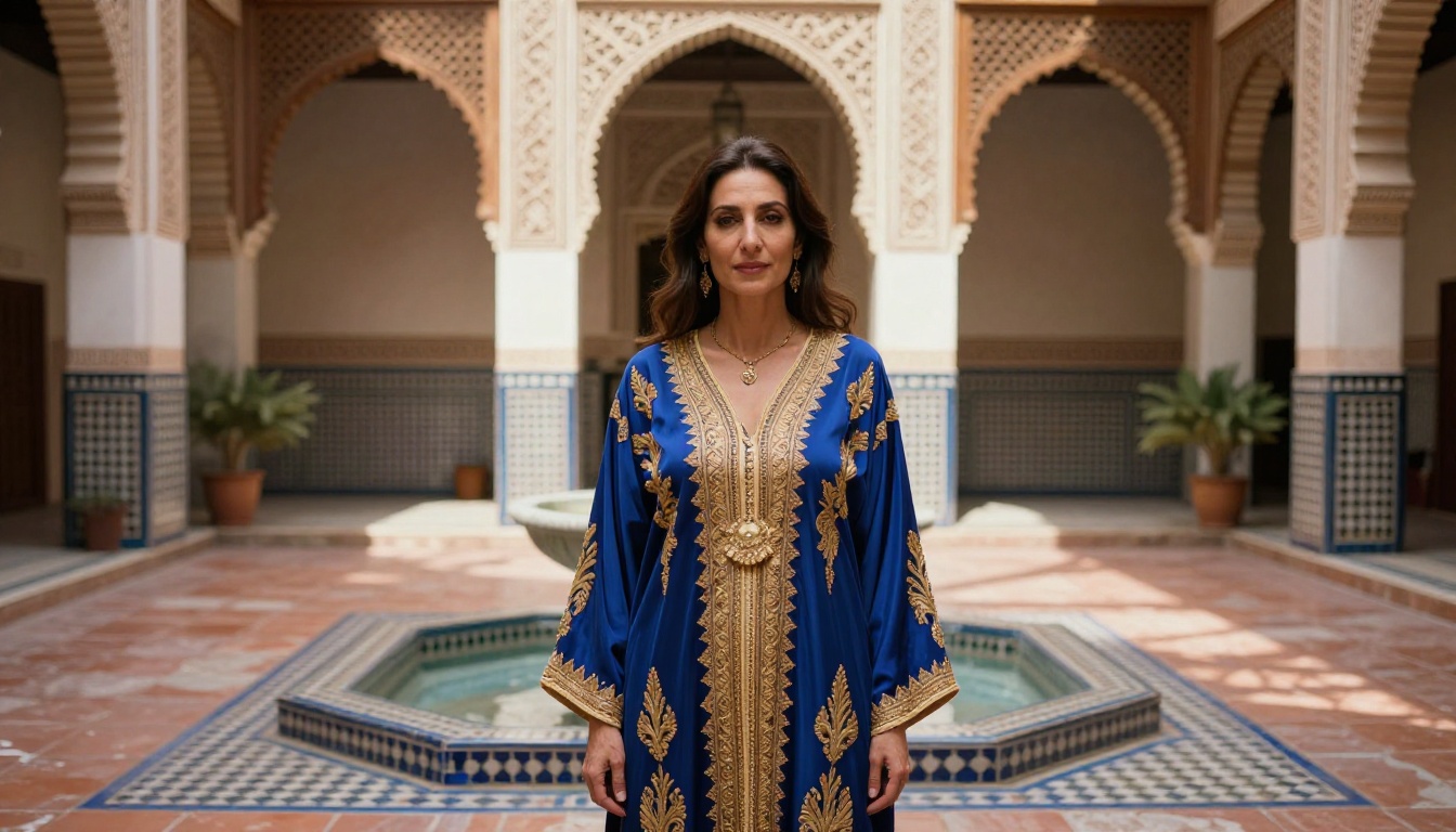 Woman in richly embroidered traditional Moroccan kaftan in a sunlit riad courtyard