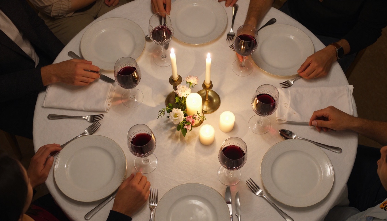 Aerial overhead view of a carefully set dinner table for six