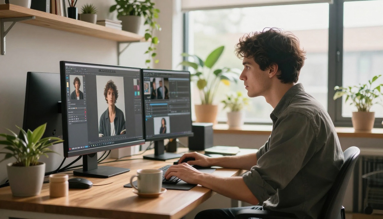 Graphic designer retouching AI-generated portraits on a dual-monitor workstation