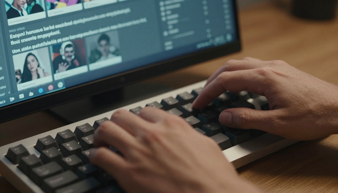 Hands typing a detailed prompt into an AI image generation interface on a mechanical keyboard