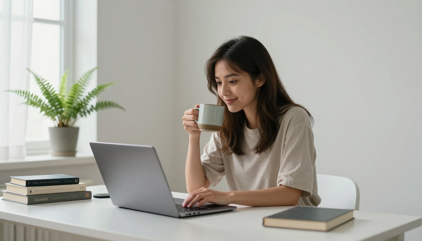 Young woman creating AI images with a bright expression at a minimalist white desk