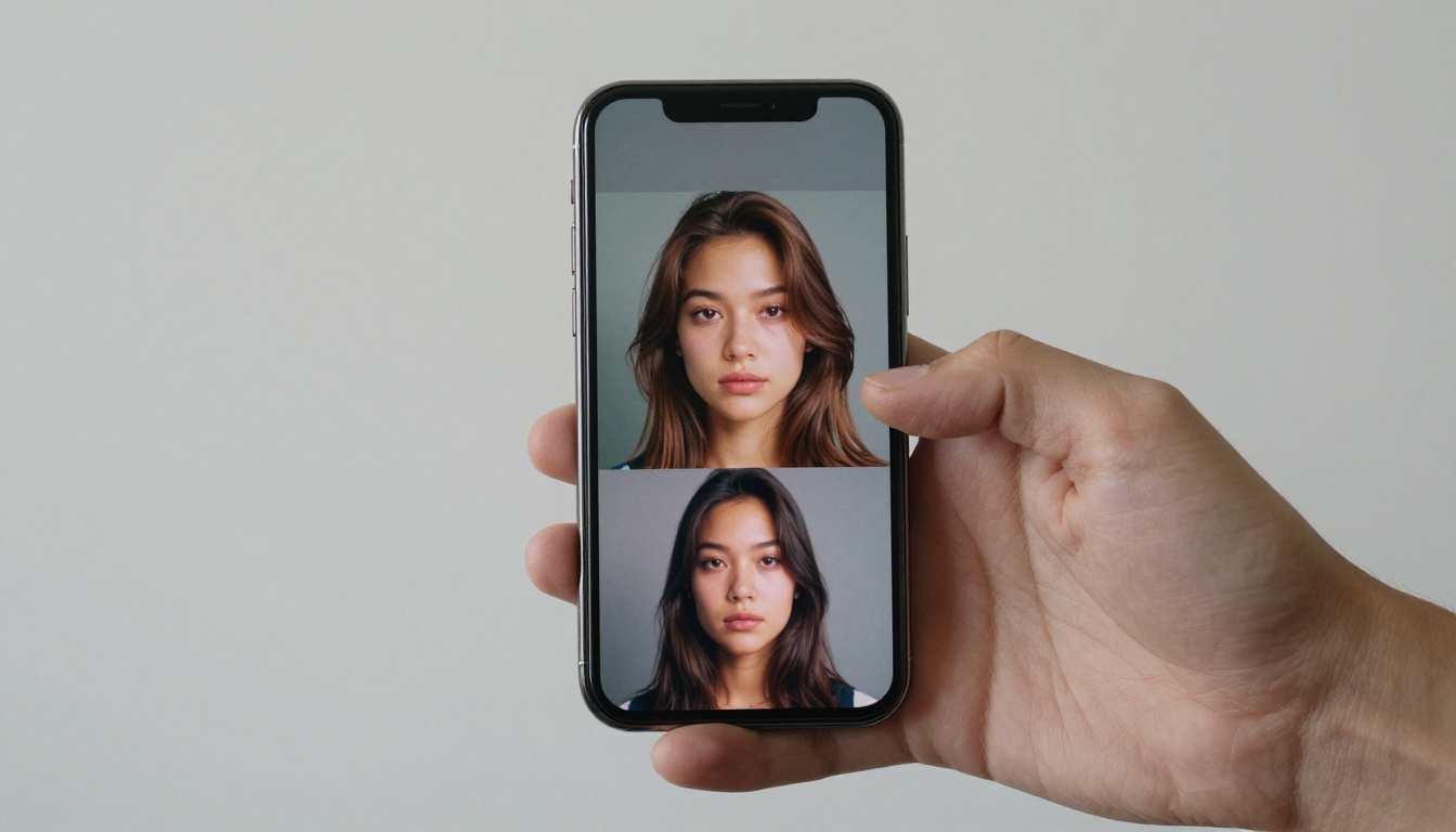A hand holding a smartphone displaying a grid of colorful AI-generated portrait photographs