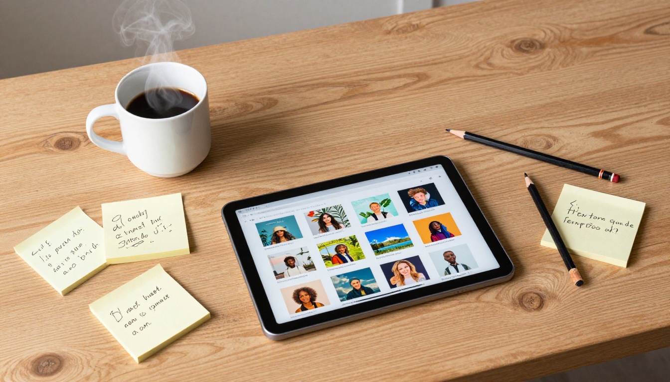 Overhead flat-lay of a creative artist desk with a digital tablet showing AI image thumbnails