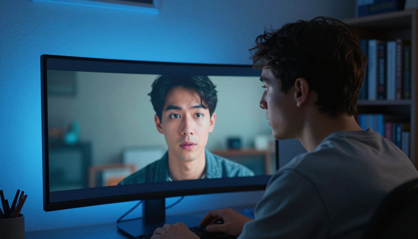 A person watching cinematic AI-generated video on a large ultrawide monitor in a dim home office